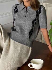DAZY Áo len nữ dáng rộng mùa thu, cổ bẻ, họa tiết hình thoi. - Xám - Xem 7