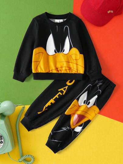 LOONEY TUNES X SHEIN Baby Boy Cartoon Animal Print Sweatshirt And Sweatpants Sports Suit, Suitable For Autumn/Winter