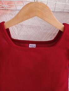 SHEIN Mono de manga abullonada con cuello para niña en unicolor - Rojo - Ver 4