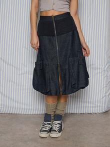 COUREZ Falda cargo de mezclilla azul oscuro / Ropa de invierno Y2K para mujeres, conjunto de ropa cómoda para rave, faldas para salir de mujer, faldas de verano - Azul Marino - Ver 1