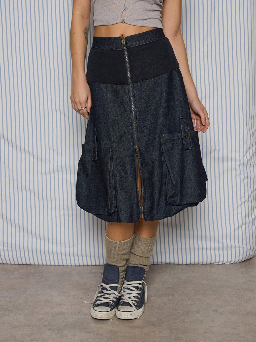 COUREZ Falda cargo de mezclilla azul oscuro / Ropa de invierno Y2K para mujeres, conjunto de ropa cómoda para rave, faldas para salir de mujer, faldas de verano - Azul Marino - Ver 1
