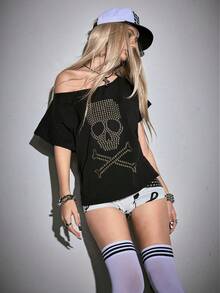 ROMWE Grunge Punk Spring/Summer Y2K Punk Skull Rivet Design Laser Cut Loose Fit Solid Color Versatile T-Shirt - Black - View 8