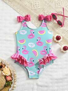 Bañador de una pieza para bebé niña con estampado de cerezas, hecho de tela de punto con volantes y lazo en el hombro, elegante y casual, adecuado para nadar, vacaciones y verano. Bañador de una pieza para bebé niña con estampado floral aleatorio, estilo vacaciones/playa con flamencos, bañador de flamencos para niña, bañador de verano rosa y lindo para bebé - Multicolor - Ver 6