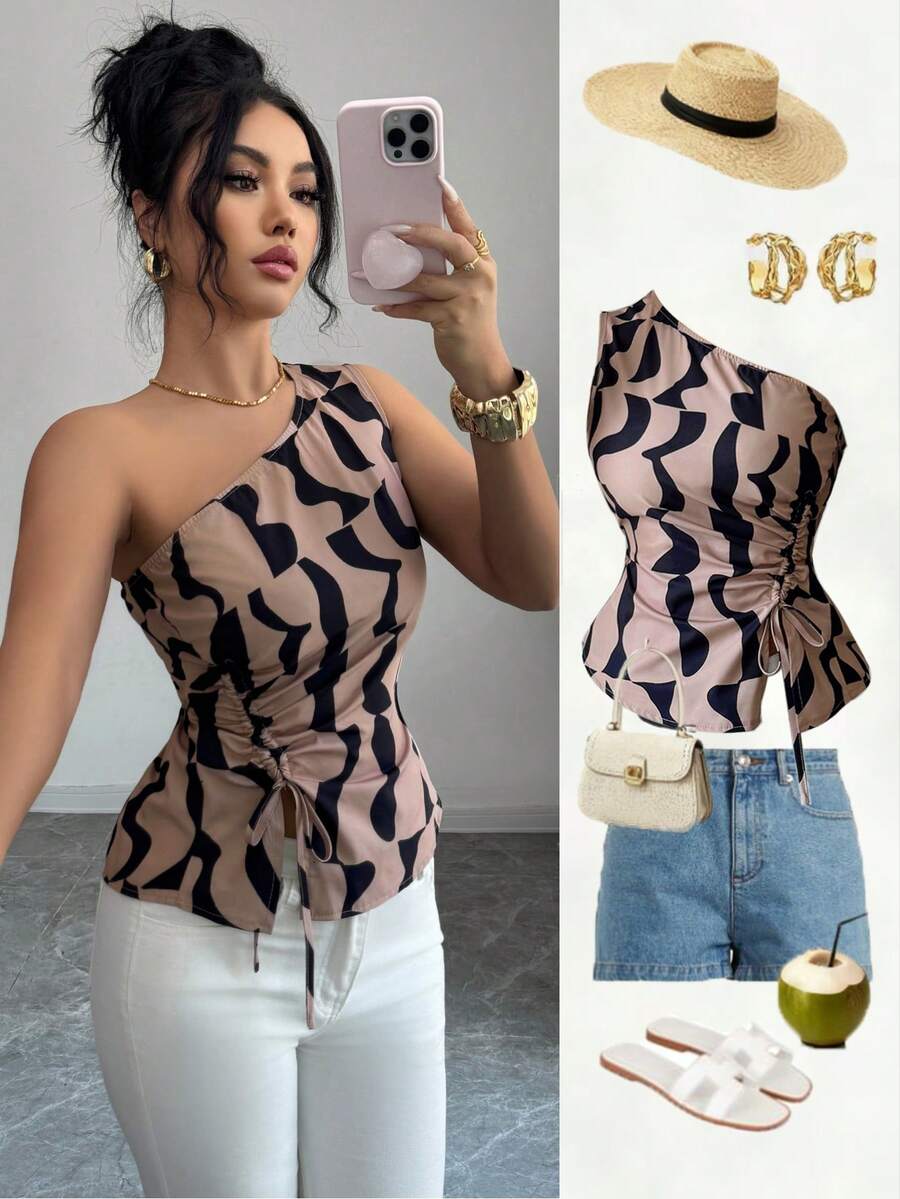 Elenzga Women's New Summer Asymmetric Shoulder Tank Top (Printed Irregular Cut), Sexy One Shoulder Geometric Print Fitted Blouse, Suitable For Dates, Commuting, Parties, Afternoon Tea - Khaki - View 1