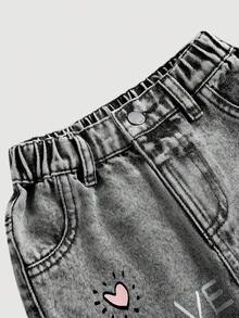 SHEIN Baby GirlCute Cartoon Deer Pattern Blue Denim Loose Pants - Light Grey - View 3