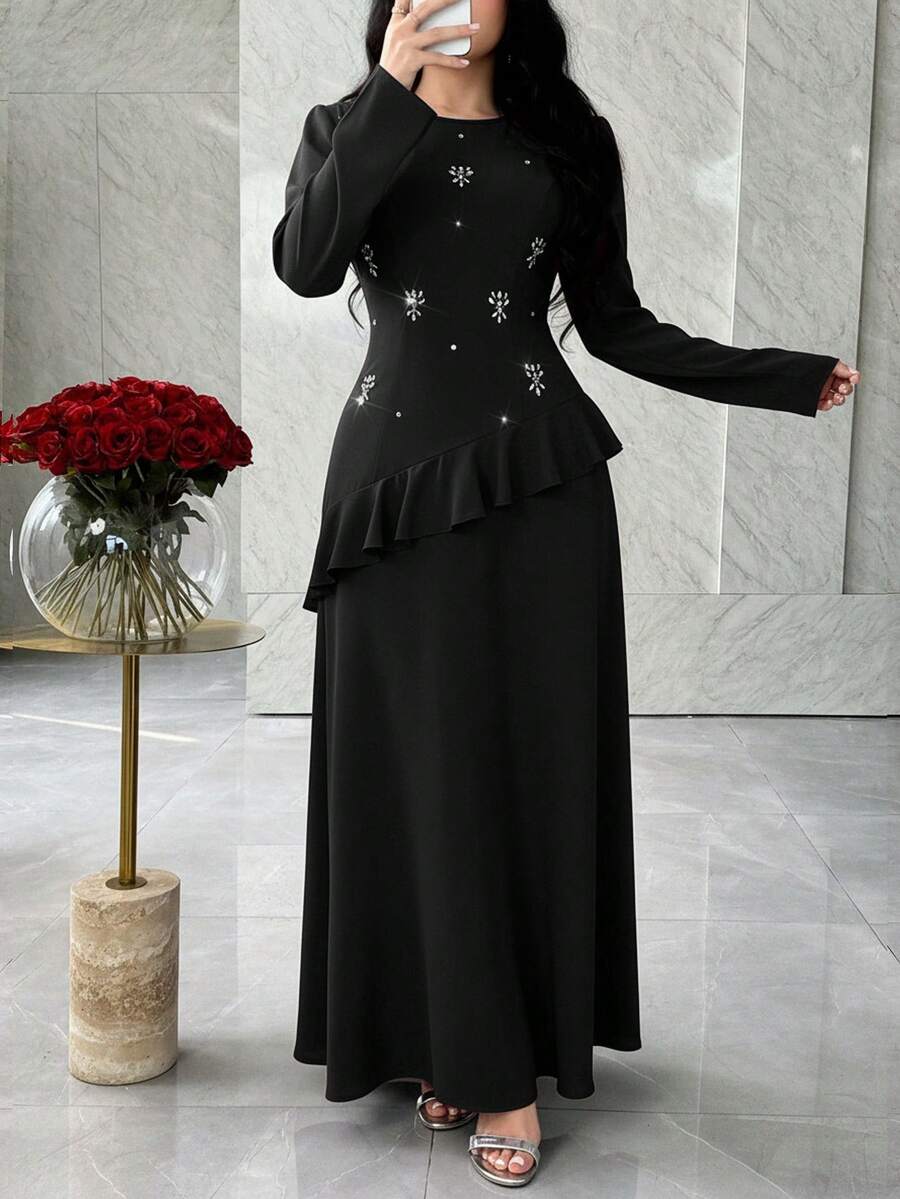 Feyla Women's Rhinestone Decor Round Neck Long Sleeve Ruffle Hem Elegant Dress