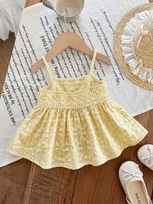 SHEIN LMoss Kids 女婴纯色黄色优雅可爱编织吊带背心 - 黃色 - 查看 2