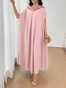 xheSHEIN Lady Vestido suelto de mujer elegante con mangas de murciélago de malla de contraste, otoñoxhe - Rosa vieja - Ver 8