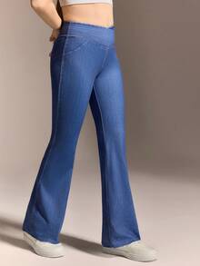 SHEIN 少女高腰牛仔印花紧身弹力瑜伽休闲喇叭裤，针织弹力面料，修身舒适 - 藍色 - 查看 5