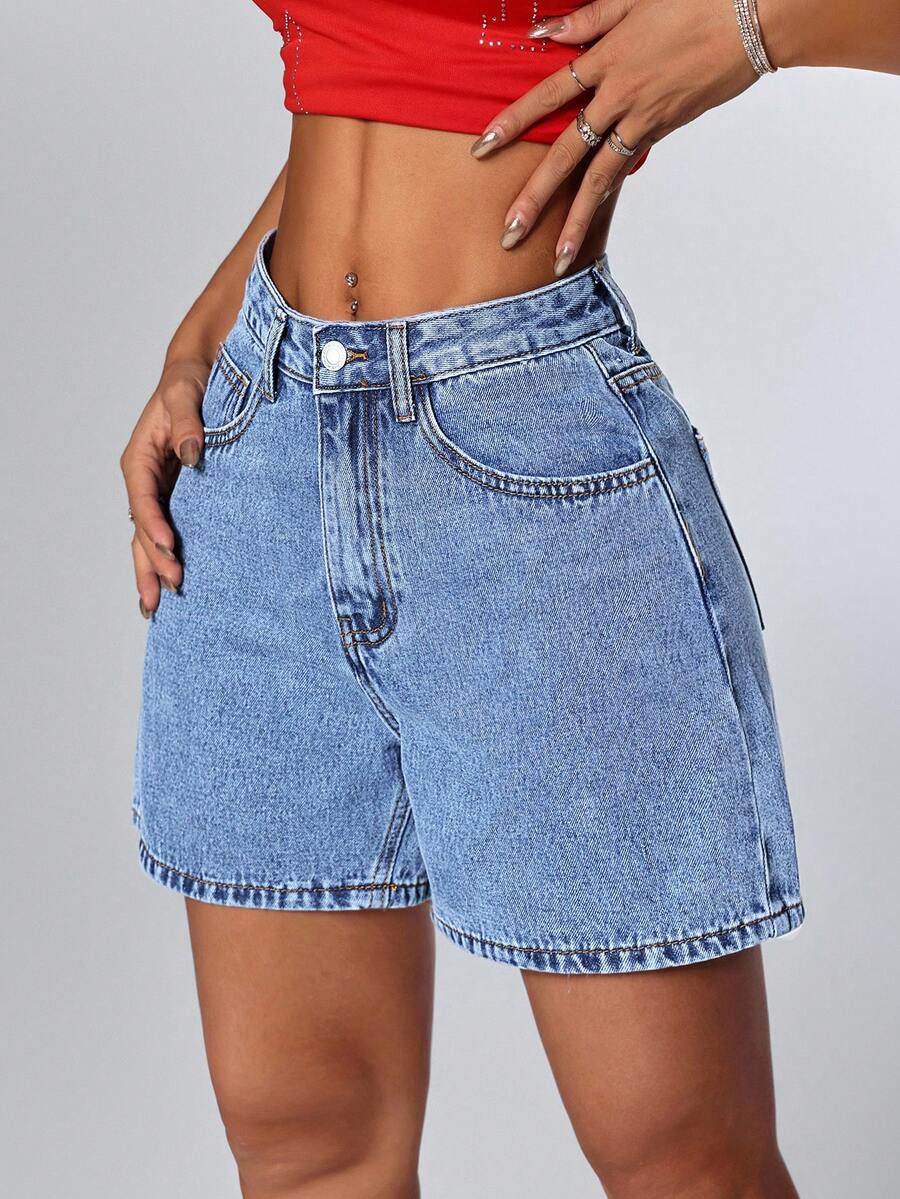 SHEIN PETITE Shorts vaqueros casuales y versátiles para ir al trabajo con bolsillos para mujer - Lavado ligero - Ver 1