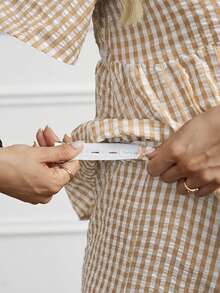 SHEIN 2pcs Set: Lace-Up Plaid Blouse & Wide Leg Pants - Khaki - View 6