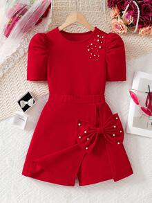 少女优雅通勤珍珠蝴蝶结泡泡袖修身上衣+二合一半裙短裤针织T恤套装 - 酒紅色 - 查看 1