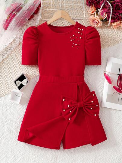 Tween Girls Elegant Commuter Pearl Bow Puff Sleeve Fitted Top + 2 In 1 Skirt Shorts Knit T-Shirt Set