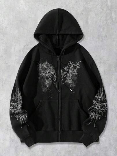 ROMWE MEN 男士哥特印花拉链抽绳连帽卫衣
