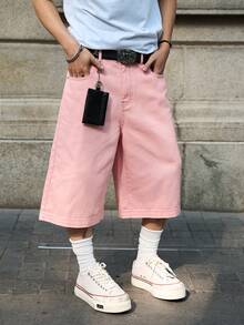 Manfinity Hypemode Men's Casual Loose Fit Printed Denim Wide Leg Shorts With Slant Pockets - Pink - View 3