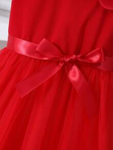 少女红色薄纱派对礼服，不对称花朵贴花，饰以人造珍珠，单肩设计，蝴蝶结点缀，优雅正式礼服，适合婚礼、庆典、演出等场合。 - 紅色 - 查看 5