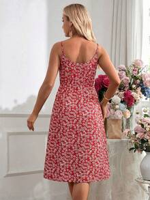 可调节肩带修身及膝孕妇连衣裙，浪漫假日 - 紅色 - 查看 2