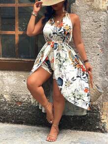 SHEIN Clasi Plus Size Women Tropical Plant Print Halter Asymmetrical Top + Shorts 2pcs Set - Apricot - View 6