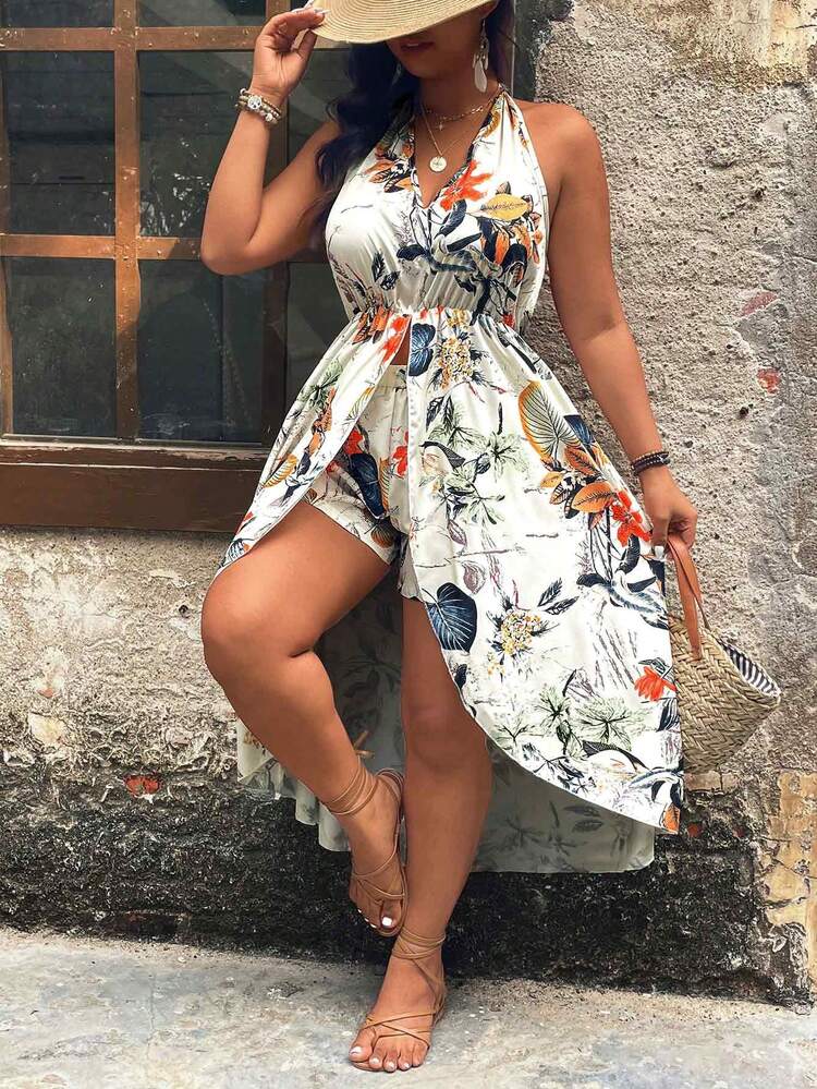 Rometta Conjunto de 2 piezas de top asimétrico de tirantes con estampado de plantas tropicales + shorts para mujer talla grande - Albaricoque - Añade 9