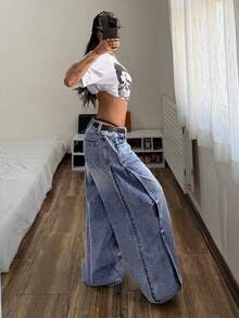 StreetHx Quần jean nữ ống rộng dáng suông có túi, kiểu dáng thường ngày, đa năng. - Màu xanh lam - Xem 5