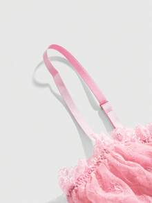 ROMWE Kawaii Women's Sweet & Cute Doll Heart Lace Trim Wireless Skirt Thong Sexy Sleepwear Set, For Valentine's Day - Pink - View 3