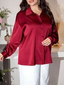 Modelyn Plus Size Women Loose Fit Satin Long Sleeve Shirt, Suitable For Commuting, Autumn - Burgundy - View 9