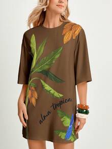 CAJUNI Đầm nữ dáng rộng cổ tròn tay ngắn in họa tiết cây nhiệt đới, thích hợp mặc đi nghỉ mát. - màu nâu - Xem 6