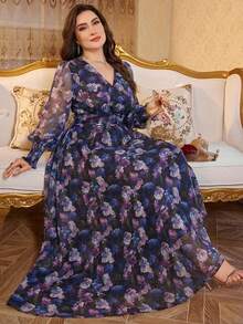 Reflora Đầm cỡ lớn dành cho nữ, in họa tiết hoa, phối lưới, màu tím, thanh lịch. - Nhiều màu - Xem 7