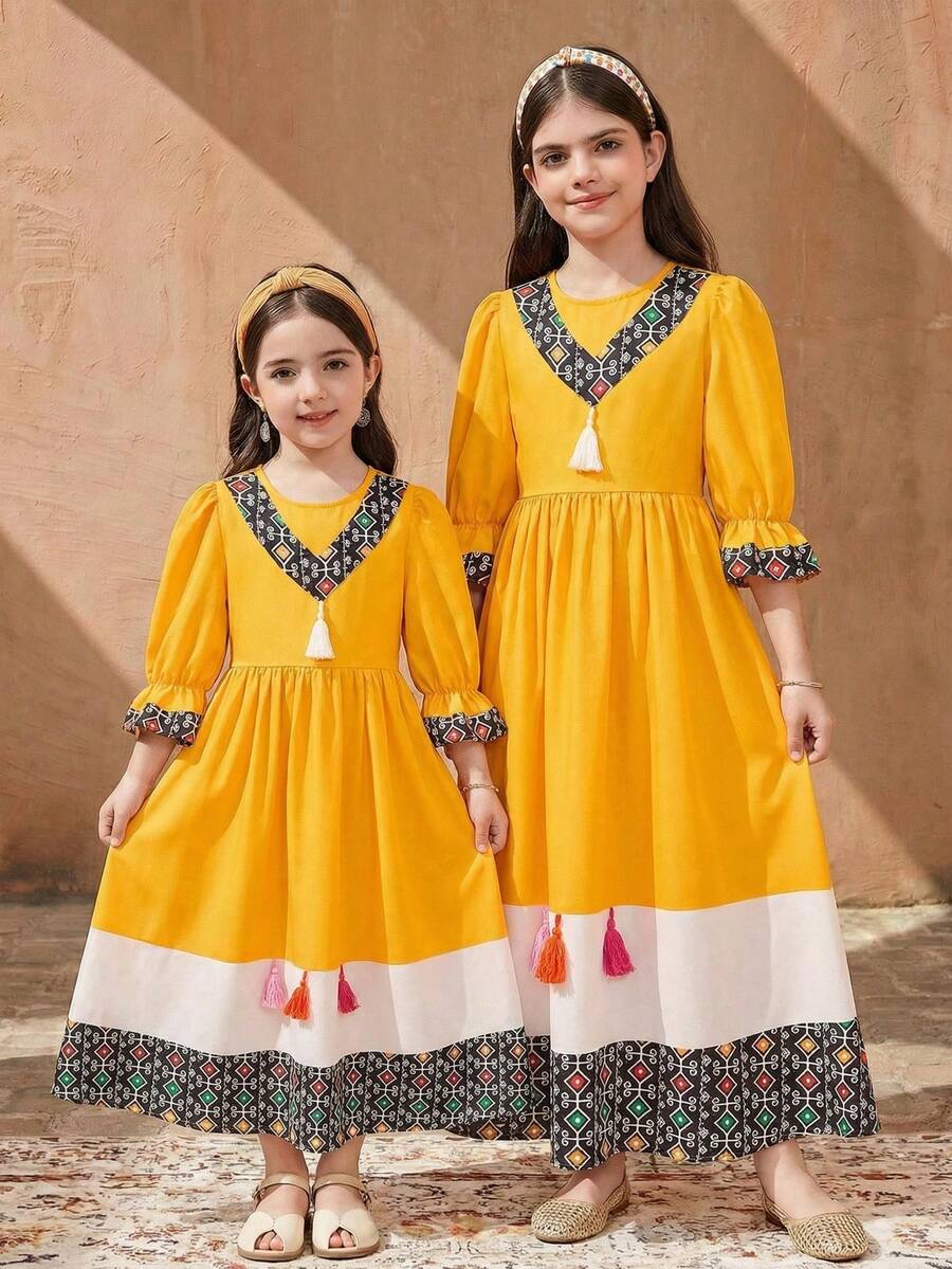 SHEIN Tween Girl Bohemian Style Geometric Patchwork Tassel Dress - Yellow - View 1