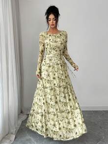 Modelyn 数码印花褶裥长袖喇叭连衣裙，春夏时尚之选 - 彩色 - 查看 5