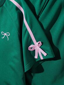 2件套女童休闲蝴蝶结刺绣撞色滚边插肩袖圆领短袖T恤和裤子套装，常规厚度，适合日常穿着、外出、上学、聚会，适合8-12岁女孩，春夏款。 - 綠色 - 查看 5