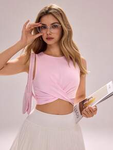 Sovereign Charm Áo tank top thể dục/tập luyện dáng ngắn, màu trơn, vạt chéo dành cho nữ - Hồng - Xem 1