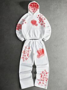 PAVTROS Men's Street-Style Red Lip Graffiti Print Hoodie Set, Suitable For Outdoor Music Festivals, Casual Outings, Gifts For Boyfriend/Husband, Anniversary,Perfect For Dates And Couple Outfits, An Ideal Valentine's Day Gift For Your Husband Or Boyfriend - White - View 1