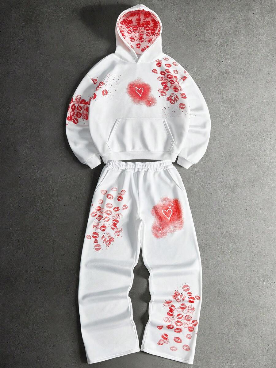 PAVTROS Men's Street-Style Red Lip Graffiti Print Hoodie Set, Suitable For Outdoor Music Festivals, Casual Outings, Gifts For Boyfriend/Husband, Anniversary,Perfect For Dates And Couple Outfits, An Ideal Valentine's Day Gift For Your Husband Or Boyfriend - White - View 1