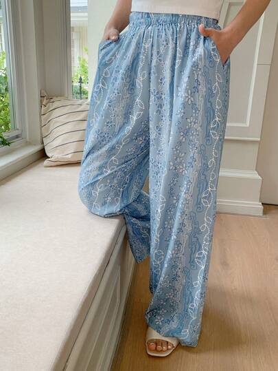 Dazy Plus Pantalones de pijama de cintura elástica con estampado floral, pantalón de estar en casa