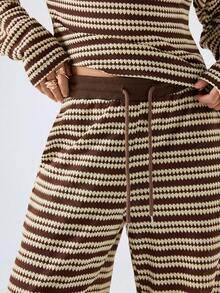 LYSMO Bộ đồ nữ phong cách thường ngày thoải mái đi nghỉ mát, áo thun dài tay dáng rộng cổ lệch vai in sọc tương phản và quần ống rộng cạp chun, thích hợp cho mùa xuân/thu. - Màu be - Xem 7