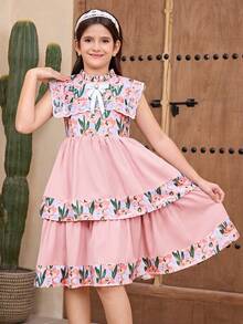 Tween Mädchen Urlaubs-Kleid mit Blumenmuster, Stehkragen, Schleifendekor und Rüschensaum - Pink - Übersicht 3