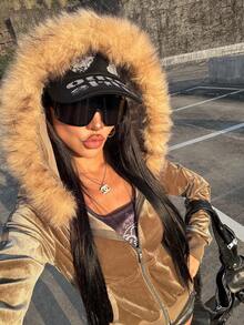 Rina Fox 女士新款Y2K复古性感修身天鹅绒连帽长袖纯色卫衣外套，复古连帽毛领口袋长袖拼接罗纹上衣外套，适合街头、学校、派对穿着，四季皆宜的薄款外套 - 軍綠色 - 查看 1