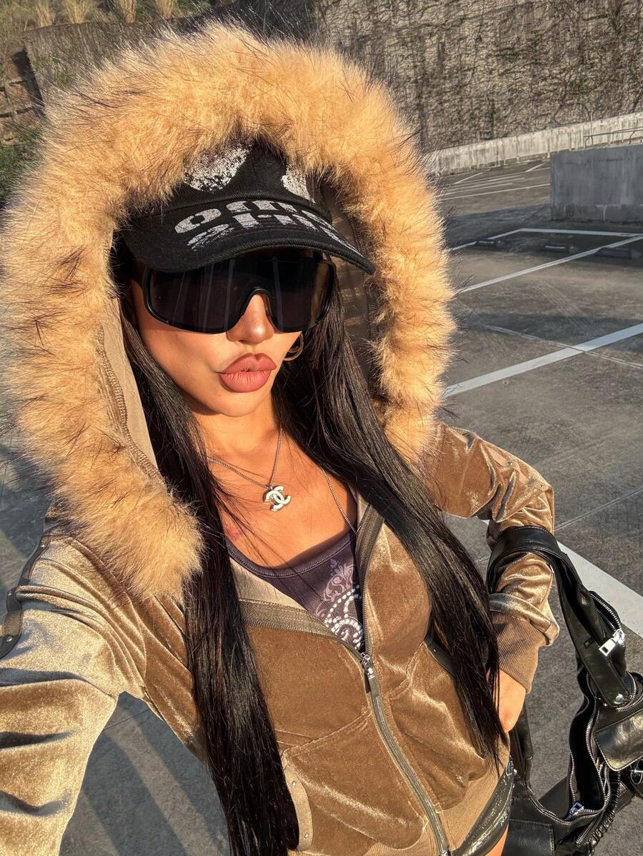 Rina Fox 女士新款Y2K复古性感修身天鹅绒连帽长袖纯色卫衣外套，复古连帽毛领口袋长袖拼接罗纹上衣外套，适合街头、学校、派对穿着，四季皆宜的薄款外套 - 軍綠色 - 查看 1