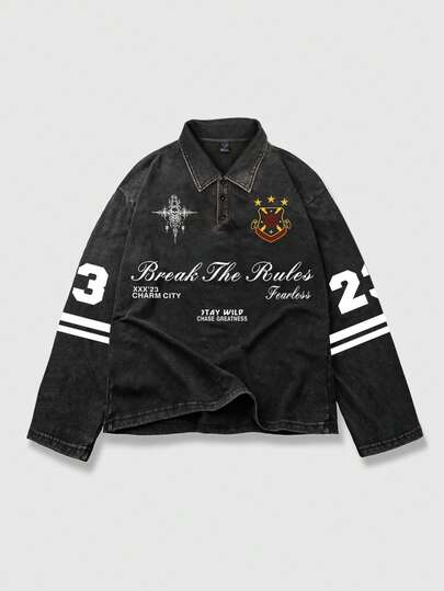 Men's Casual Letter Print Long Sleeve Polo Shirt, Spring/Autumn