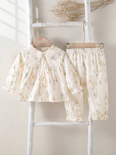 2pcs/Set Baby Girls' Cute Rabbit Short Sleeve Shorts Soft Comfortable Pajamas, Great Gift For Baby Girls