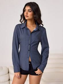 Aidyla 女士格子纽扣长袖衬衫，后背系带，通勤和街头服饰皆宜 - 藍白色 - 查看 4