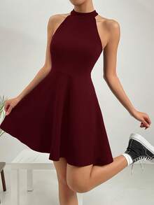 SHEIN Essnce Women's Solid Color Fashionable Halter Casual Short Dress ,Summer Dress,Elegant Dress - Dark Red - View 4