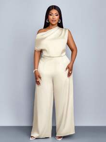 SOLERSUN Quần áo nữ bốn mùa cỡ lớn thời trang đi làm màu trơn thanh lịch ngày du lịch rộng rãi giản dị đơn giản màu mơ vải satin hở vai cổ áo bất đối xứng xếp ly vai tay ngắn quần ống rộng, quần dài lụa băng cho kỳ nghỉ xuân hè - Màu be - Xem 5