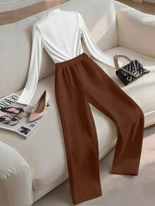 Franclia Conjunto Casual de 2 Peças Top e Calça Sólida para Mulheres, Calça Marrom, Calça Marrom Feminina, Calça Cintura Alta Casual para Mulheres - Multicolorido - Visão 2