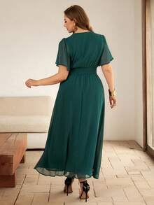 Roveilla 女士雪纺褶皱面料交叉收腰扭结露背褶皱松紧腰A字喇叭袖长连衣裙，优雅法式复古办公室通勤商务休闲街头风，百搭下午茶派对春夏装 - 墨綠色 - 查看 2