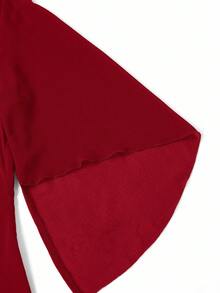 Ellevyn Elegant Chiffon Sleeve Crew Neck Blouse - Red - View 5