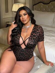 NU&NOW 大码时尚性感豹纹深V领连体衣 - 彩色 - 查看 4