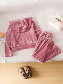Young Girl' Pink Velvet Bow Casual Outfit - Pink - View 2