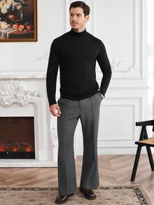 Core Aspect Tricou bărbătesc casual cu guler înalt, culoare solidă, mânecă lungă, versatil pentru toamnă/iarnă - Negru - Vizualizare 5